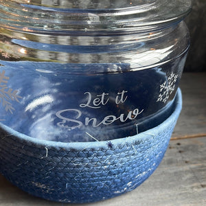 Let it snow cookie jar, and blue ombre basket
