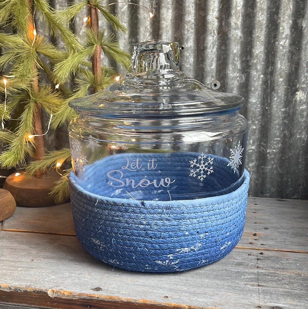 Let it snow cookie jar, and blue ombre basket