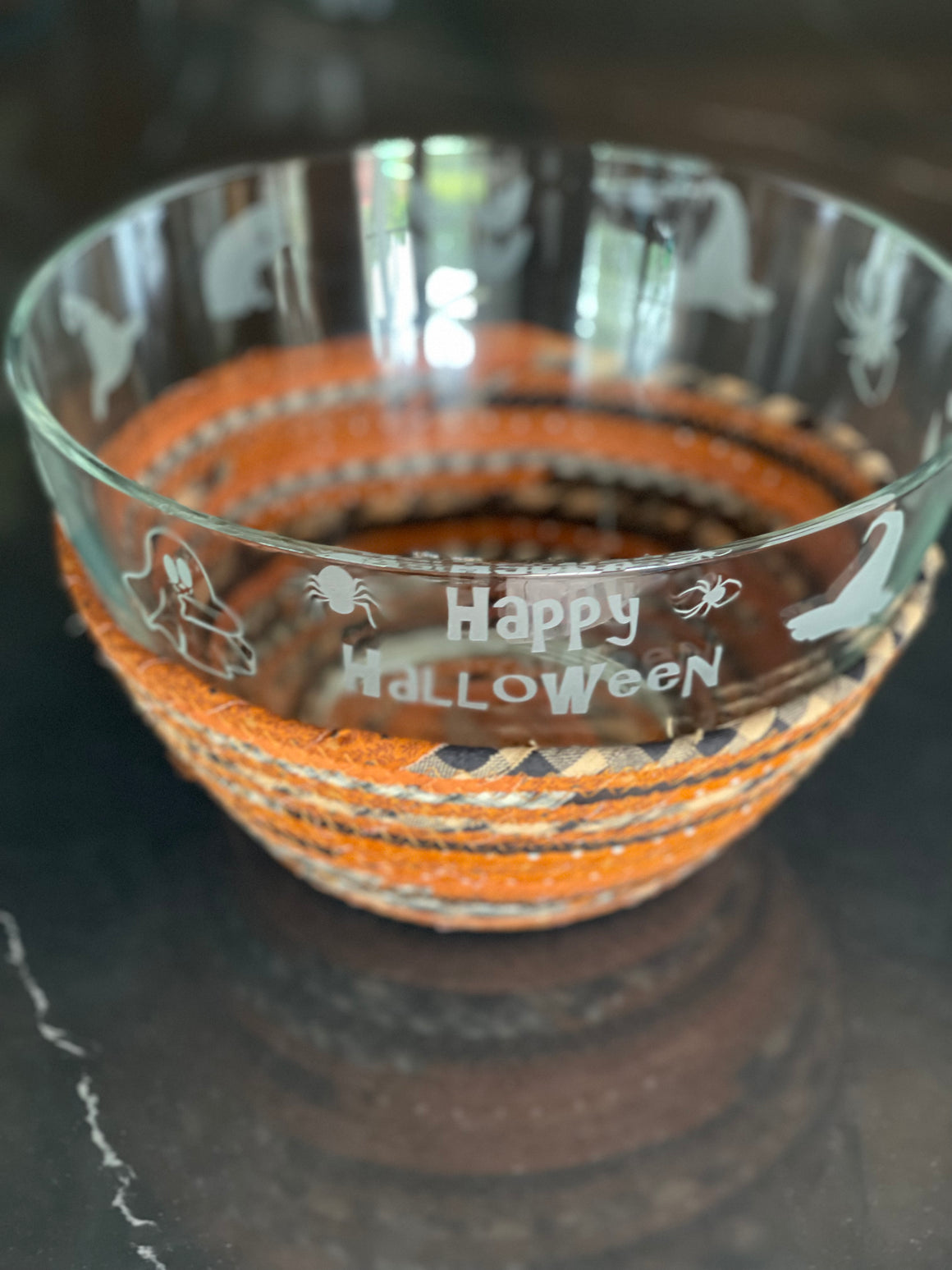Large Halloween etched Bowl and Halloween Basket
