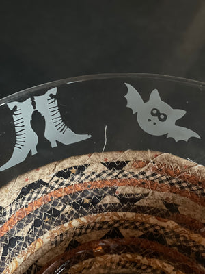 Rides Like Magic Etched Glass Bowl and Halloween Basket