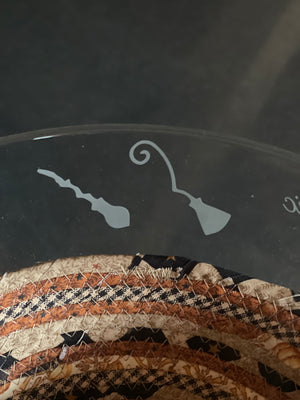 Rides Like Magic Etched Glass Bowl and Halloween Basket