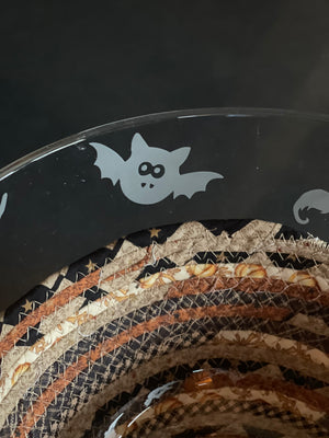 Rides Like Magic Etched Glass Bowl and Halloween Basket