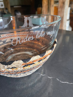 Rides Like Magic Etched Glass Bowl and Halloween Basket